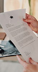 Person, hands and student with letter for congratulations, university acceptance or notice in home. Academic, learner and graduate with document, registration or qualification for scholarship program