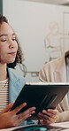 Tablet, meeting and planning with business people in office for brand awareness, team and project. Target audience research, collaboration and social media marketing with women in creative agency