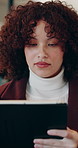 Business, meeting and woman with tablet, typing and ad campaign for brand awareness on social media. Digital marketing, online and person with tech for project, serious or creative research in office