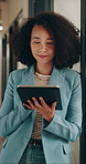 Scroll, thinking and business woman with tablet in office for research, email and real estate. Realtor, female person and tech with schedule for property price, online inquiry and resale listing