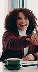 Woman, shaking hands and happy with celebration at office for applause, goals or thanks at insurance company. People, handshake and excited for deal, documents or praise at risk management agency