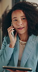 Business, phone call and woman with tablet in office for research, client communication and real estate. Realtor, person and tech with conversation for property, online inquiry and resale listing