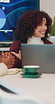 Woman, team and happy with laptop at office meeting, collaboration and planning at finance company. People, group and computer with insight, smile and discussion with feedback at investment agency