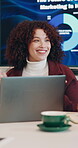 Laptop, meeting and smile with business woman in office for workshop, digital marketing graph and project. Brand awareness, target audience trends and ad analysis with employee in agency for chart