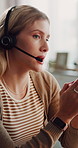 Remote work, advice and woman in house with headset, contact us or crm service in helpdesk. WFH, mic and call center agent in home with technology, online assistance or feedback in customer support.