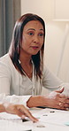 Laptop, meeting and manager with business woman in office for brand awareness, team and project. Target audience research, collaboration and social media marketing with employee in creative agency