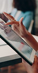 Hands, tablet and scroll with project at office meeting for review, agenda and team for business growth. Person, tech and report with application, feedback or strategy for proposal at digital agency