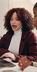 Laptop, planning and discussion with business woman in office for brand awareness, team or project. Target audience research, collaboration and social media marketing with employee in creative agency