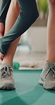 Exercise, home and legs of woman stretching for fitness routine, wellness and warm up. House, floor and person on yoga mat for workout, training and active hobby for balance, muscles and health