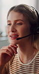 Call center, smile and woman with headset, contact us or helpdesk advice in crm service. Communication, microphone and consultant with technology, online assistance or feedback in customer support.