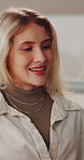 Woman, video call and remote work from home with laptop, discussion and review for freelance job. Person, computer and virtual assistant with online meeting, consulting and happy with talk at house