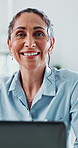 Face, woman and happy with laptop in office for news publication, article research and about us. Journalist, mature person and smile with tech at media agency for copywriting, experience and editing