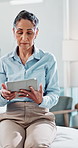 Doctor, woman and tablet with app for healthcare, medical support or schedule for treatment. Digital tech, mature professional and report in clinic for cardiology, wellness and online for telehealth