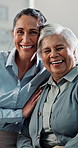 Face, doctor and old woman with hug in clinic, medical support service and elderly care specialist. Portrait, geriatric physician and senior patient with smile for consultation, embrace or healthcare