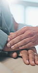 Hands, doctor and patient in hospital, support and compassion for diagnosis. Closeup, medical service and people in clinic, kindness and healthcare for treatment, help and healing with comfort