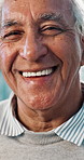 Face, senior man and smile at house for peace, calm morning and positive attitude in lounge. Portrait, elderly person and laughing with satisfaction, funny joke and weekend break at retirement home