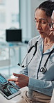 Tablet, brain scan and doctor with senior man in clinic for medical checkup, advice or diagnosis. MRI, xray and healthcare worker with elderly person for neurology consultation for treatment plan.