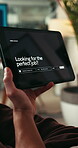 Website, recruitment and hands with tablet screen, browse jobs or vacancy choice on online platform. Digital, sourcing or man with tech, virtual hiring or candidate connection on career application.