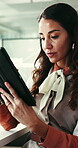 Research, tablet and reading with business woman in office for campaign news, email and review. Digital agency, seo report and planning with mature person for project manager and branding update