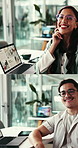 Series, face and business people with laptop screen in office, creative career and planning for ads. Portrait, branding and marketing team with computer for campaign development, happiness and pride