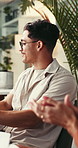 Man, people and success in meeting with applause, documents or data analysis for sustainability report. Person, team and clap in office with paperwork, carbon footprint stats or eco friendly business