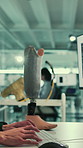 Hands, programmer and coding for robotics with prosthetic leg, computer screen and typing at lab. Person, developer and pc with futuristic tech for design, artificial limb and innovation for mobility