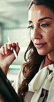 Stylus, tablet and reading with business woman in office for campaign news, email and review. Digital agency, seo report and planning with mature person for project manager and branding update