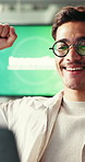 Fist pump, laptop and smile with designer man in office for achievement, celebration or success. Computer, design and excited with happy employee in creative workplace for goals, target or victory