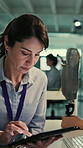 Lab, tablet and woman with artificial limb for research, innovation and design for medical science. Reading, technician and person on tech with prosthetic software for sensory or neural integration
