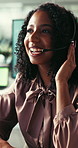Woman, happy and headset with talk at office for climate consulting, insight or solution for sustainability. Person, agent or advisor on voip mic, discussion or call center for eco friendly business