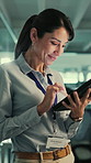 Smile, woman and developer with tablet in office for research, server update and troubleshooting. Happy, mature person and digital for programming, testing software and IT inspection for maintenance