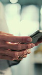 Hands, phone and texting at office for contact, notification or  scroll for web chat on break at workplace. Person, smartphone and click on app, social media post and mobile network for communication
