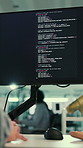 Screen, computer and person in prosthetic lab for research, innovation or design for medical science. Engineer, software and worker with artificial limb for sensory, coding or neural integration
