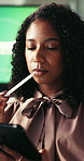 Woman, tablet and review with notes at office for climate consulting, insight or solution for sustainability. Person, agent or advisor with tech, stylus and application for eco friendly business