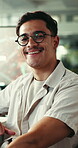Face, glasses and smile with business man in office for creative startup, about us and interior designer. Confidence, project advisor and professional with employee in renovation agency for pride