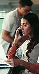 Phone call, series and talk with business woman in office for networking, schedule manager and contact. Communication, planning and conversation with mature person in agency as virtual consultant