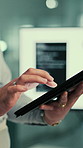 Hands, programmer and typing with tablet in office for research, server update and troubleshooting. Person, coding and digital app for programming, testing software and IT encryption for maintenance