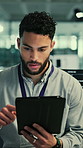Man, programmer and reading with tablet in office for research, server update and troubleshooting. Male person, scroll and digital for programming, testing software and IT  debugging for maintenance