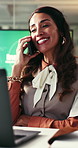 Woman, happy and phone call with talk at office for climate consulting, insight or solution for sustainability. Mature person, agent or advisor with smile, laptop or advice for eco friendly business