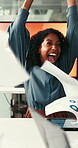 Excited, woman and throw documents in meeting for sales achievement, KPI growth or applause. Presentation, team or celebration with papers in air for funding approval, good news or clapping in office