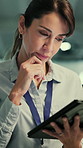 Think, typing or woman with tablet in agency, planning  software update or server maintenance proposal. Reflection, tech or mature engineer with solution for system cybersecurity, programming or idea