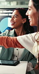 Happy, team and success in office with hands together, collaboration and applause for marketing stats. Woman, people and solidarity in business with data charts, celebration or advertising milestone.
