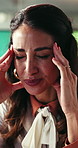 Headache, stress or woman in office with temple massage, fatigue or brain fog for eco policy deadline. Tired, burnout or mature person with migraine for green proposal, project pressure or discomfort