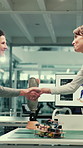 Woman, programmer and shaking hands at lab for robotics with smile, coding and prosthetic design. People, developer and handshake with futuristic tech, artificial limb and innovation for mobility