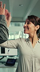 High five, celebration and business people in office with achievement on AI development with teamwork. Happy, collaboration and engineers with good news for computing project approval in workplace.