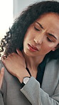 Business, woman and stress with shoulder pain for muscle tension, fibromyalgia or injury in office. Female person, ache or pressure with strain or discomfort for accident or bad posture in workplace