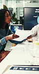 Paper, review or people with discussion in marketing agency, web traffic metrics or campaign stats. Ads revenue data, team meeting or performance chart for content creation decision, planning or tech