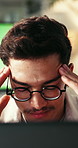 Headache, stress or man with laptop in office, mental fatigue or overwhelmed for eco policy deadline. Migraine, burnout or tired person with pc for green proposal, temple massage or project pressure
