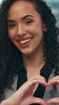 Happy woman, face and business with heart hands for love, work pride or compassion in office. Portrait, female person or smile with like emoji, sign or shape for romantic gesture or care in workplace