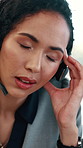 Woman, headset and headache at call center for legal advice with fatigue, stress and consulting at office. Person, advisor and exhausted with voip mic, explain or help desk at corporate law agency